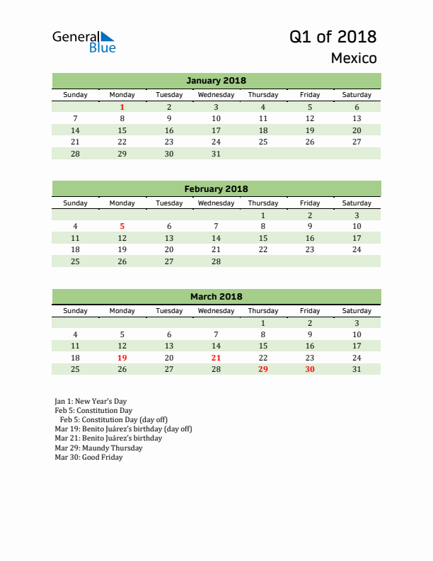 Quarterly Calendar 2018 with Mexico Holidays