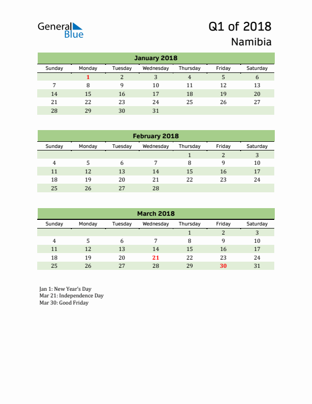 Quarterly Calendar 2018 with Namibia Holidays