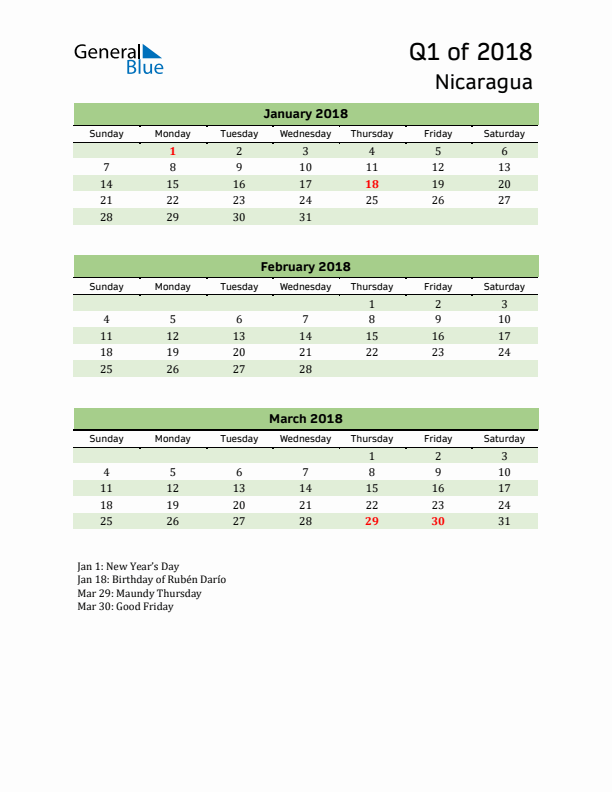 Quarterly Calendar 2018 with Nicaragua Holidays