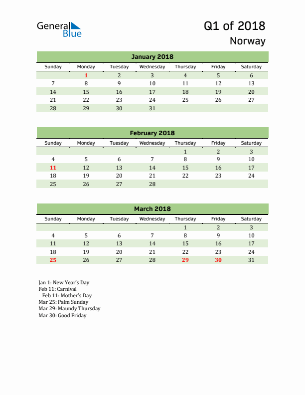 Quarterly Calendar 2018 with Norway Holidays