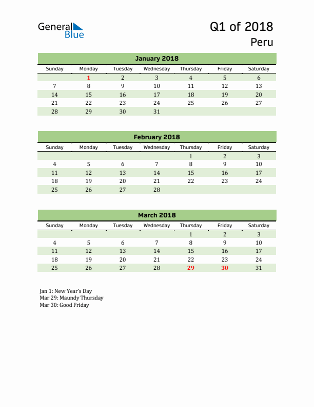 Quarterly Calendar 2018 with Peru Holidays