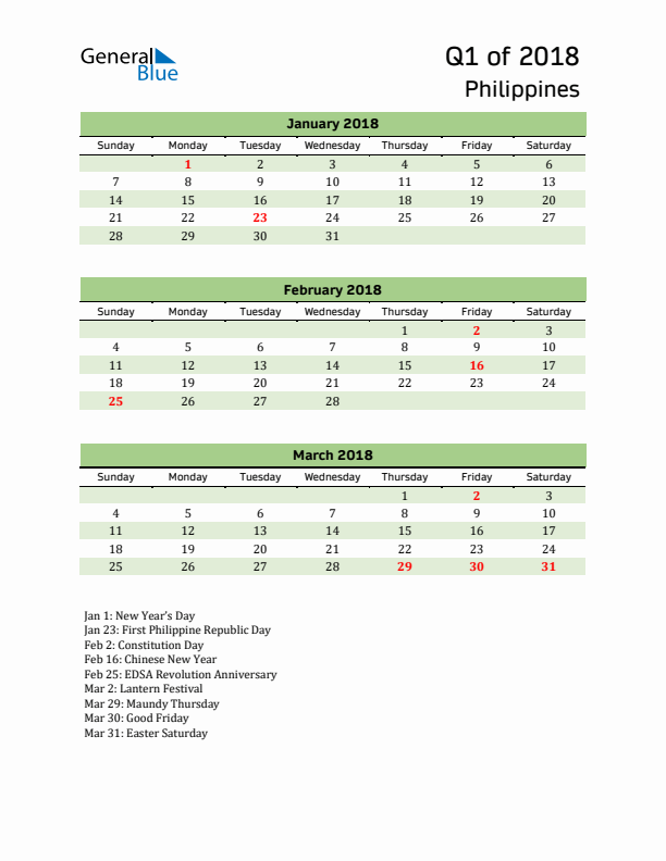 Quarterly Calendar 2018 with Philippines Holidays