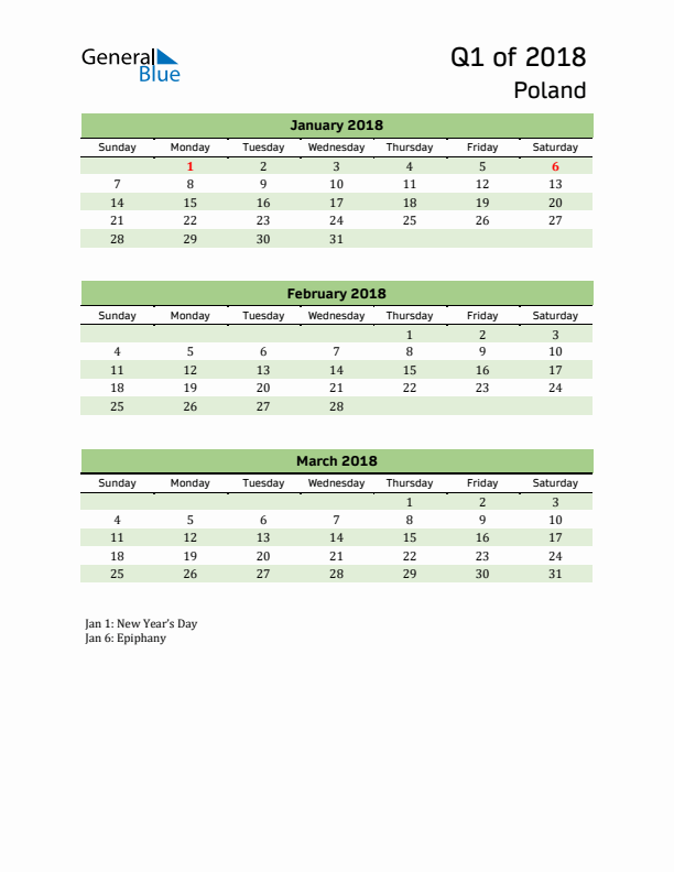 Quarterly Calendar 2018 with Poland Holidays