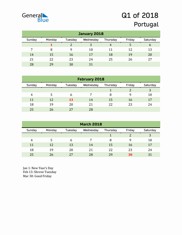 Quarterly Calendar 2018 with Portugal Holidays