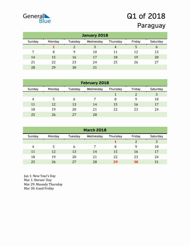 Quarterly Calendar 2018 with Paraguay Holidays