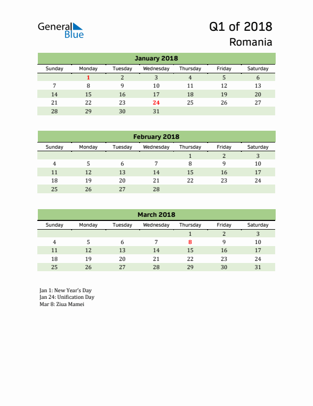 Quarterly Calendar 2018 with Romania Holidays