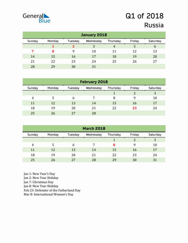 Quarterly Calendar 2018 with Russia Holidays