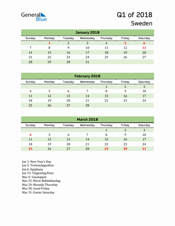 Quarterly Calendar 2018 with Sweden Holidays