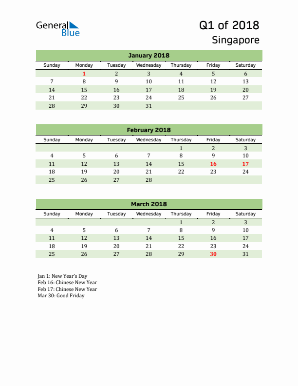 Quarterly Calendar 2018 with Singapore Holidays