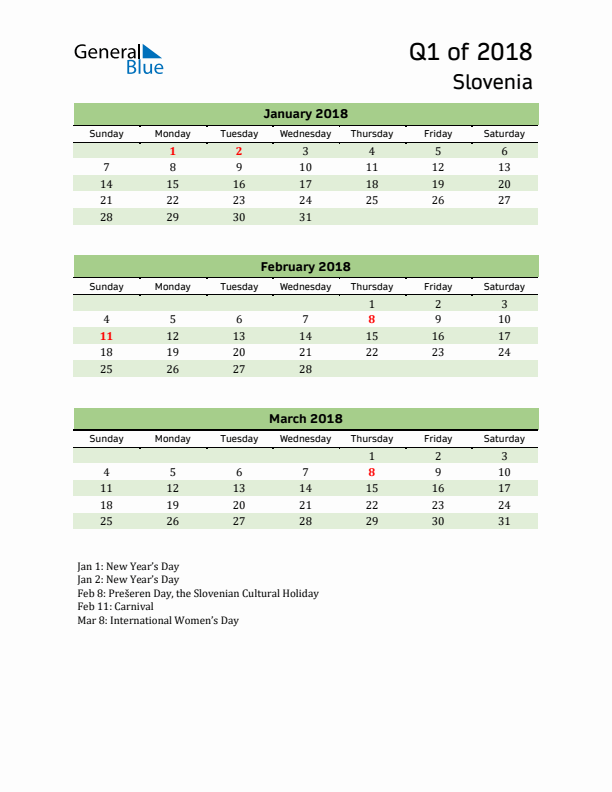 Quarterly Calendar 2018 with Slovenia Holidays