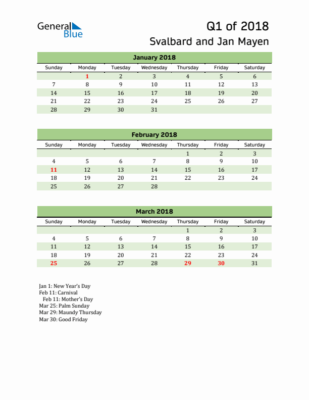 Quarterly Calendar 2018 with Svalbard and Jan Mayen Holidays