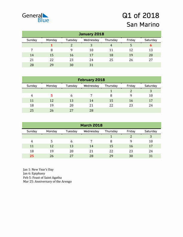 Quarterly Calendar 2018 with San Marino Holidays