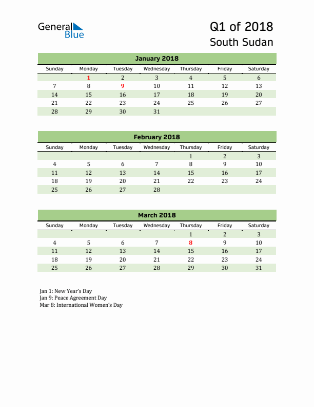 Quarterly Calendar 2018 with South Sudan Holidays