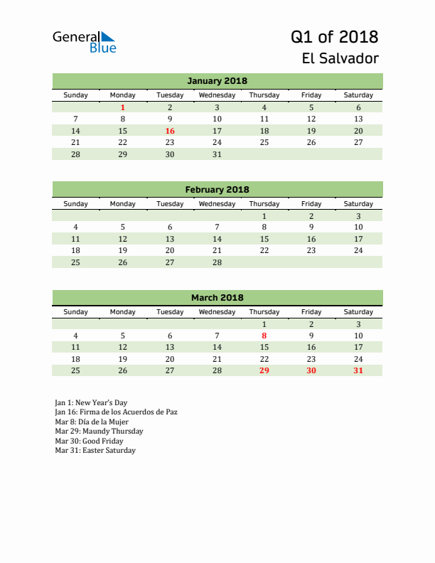 Quarterly Calendar 2018 with El Salvador Holidays