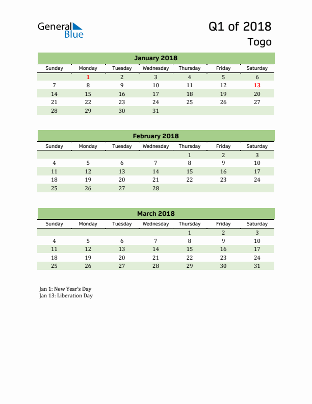 Quarterly Calendar 2018 with Togo Holidays