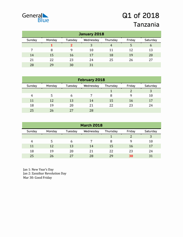 Quarterly Calendar 2018 with Tanzania Holidays