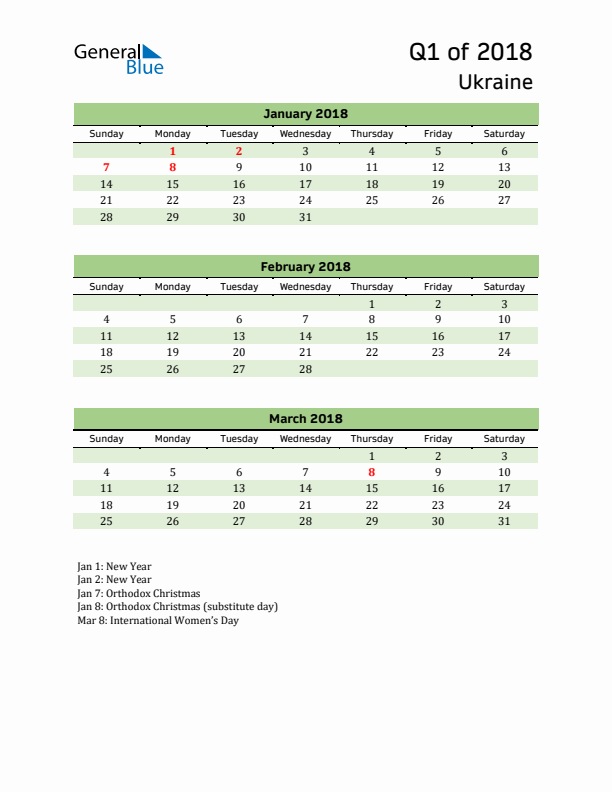 Quarterly Calendar 2018 with Ukraine Holidays