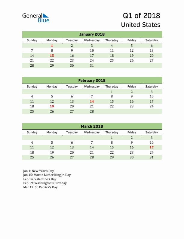 Quarterly Calendar 2018 with United States Holidays