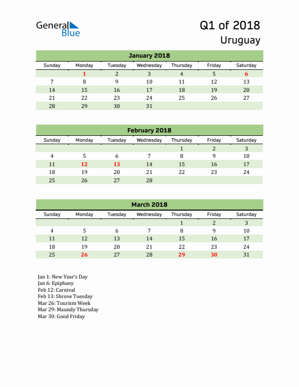 Quarterly Calendar 2018 with Uruguay Holidays