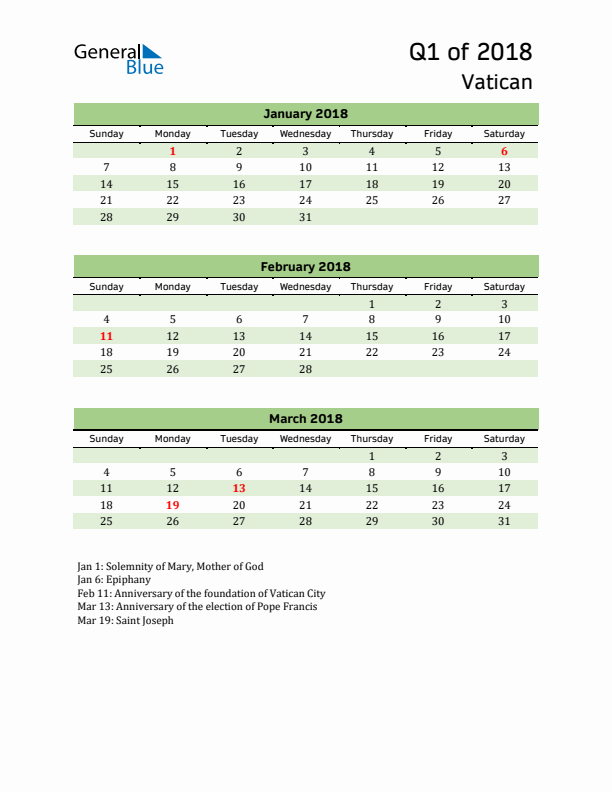 Quarterly Calendar 2018 with Vatican Holidays