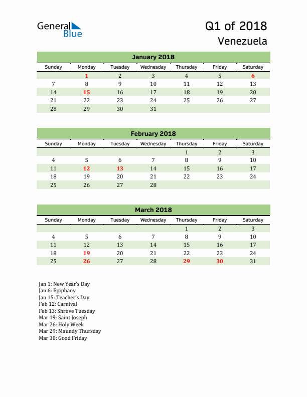 Quarterly Calendar 2018 with Venezuela Holidays