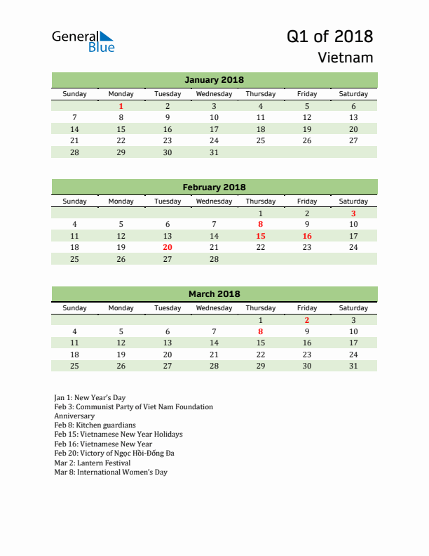 Quarterly Calendar 2018 with Vietnam Holidays