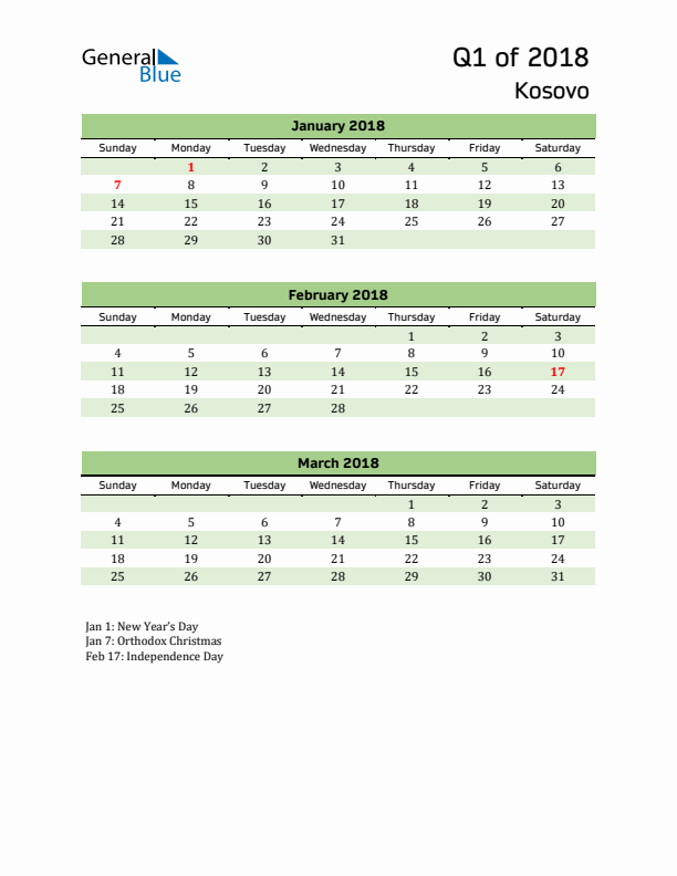 Quarterly Calendar 2018 with Kosovo Holidays