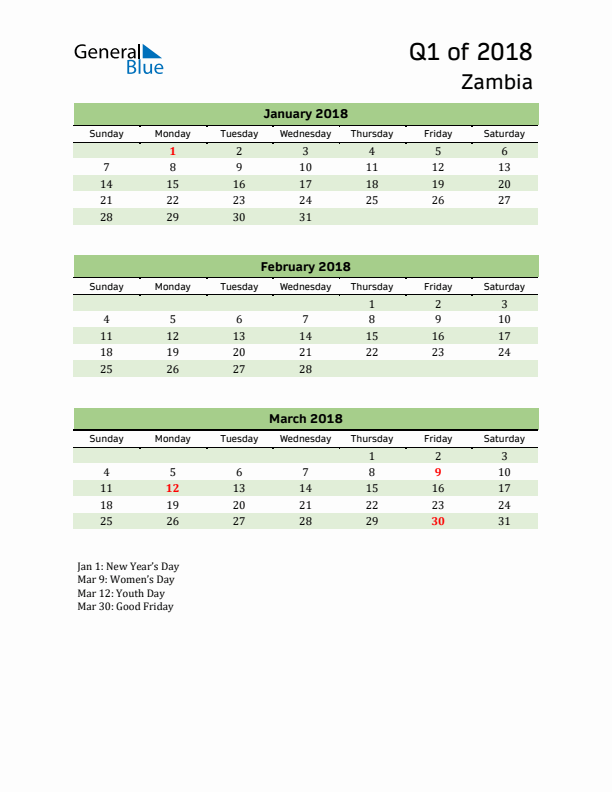 Quarterly Calendar 2018 with Zambia Holidays