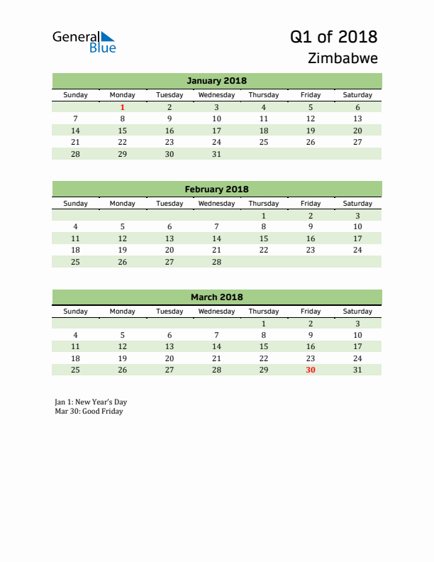 Quarterly Calendar 2018 with Zimbabwe Holidays