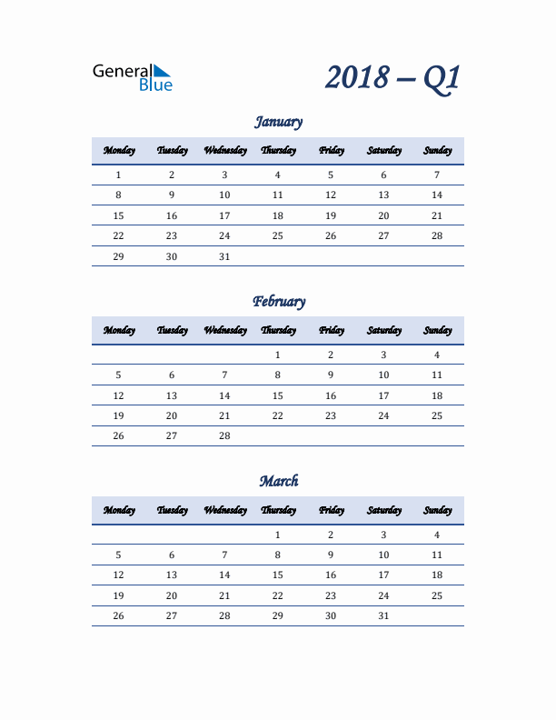 Monday Start 2018 Quarterly Calendar