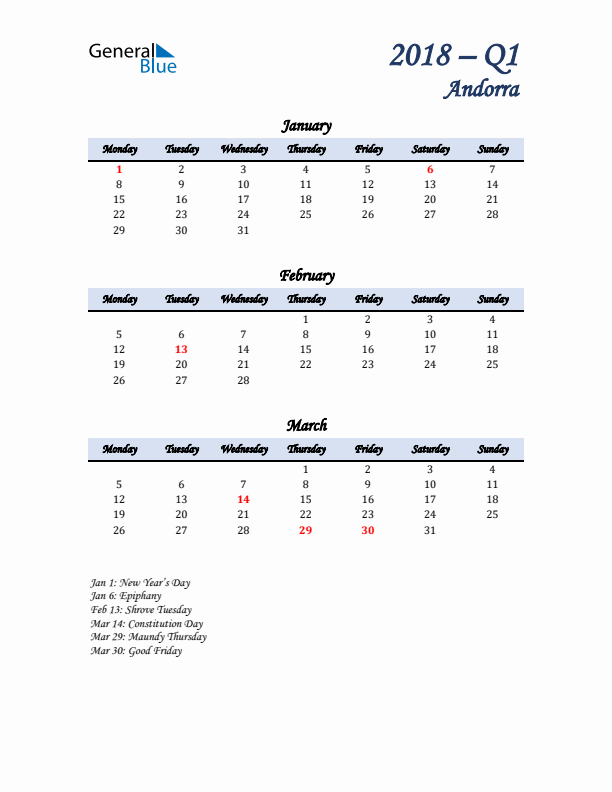 January, February, and March Calendar for Andorra with Monday Start