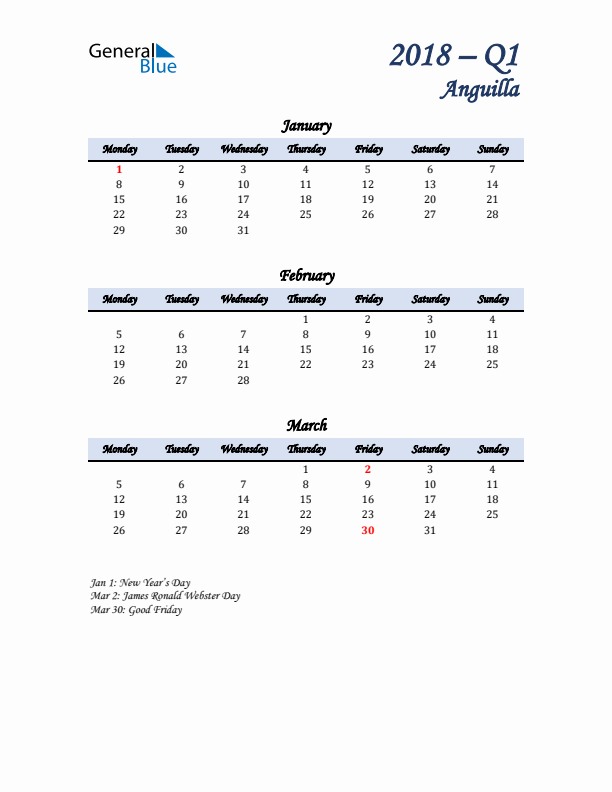 January, February, and March Calendar for Anguilla with Monday Start