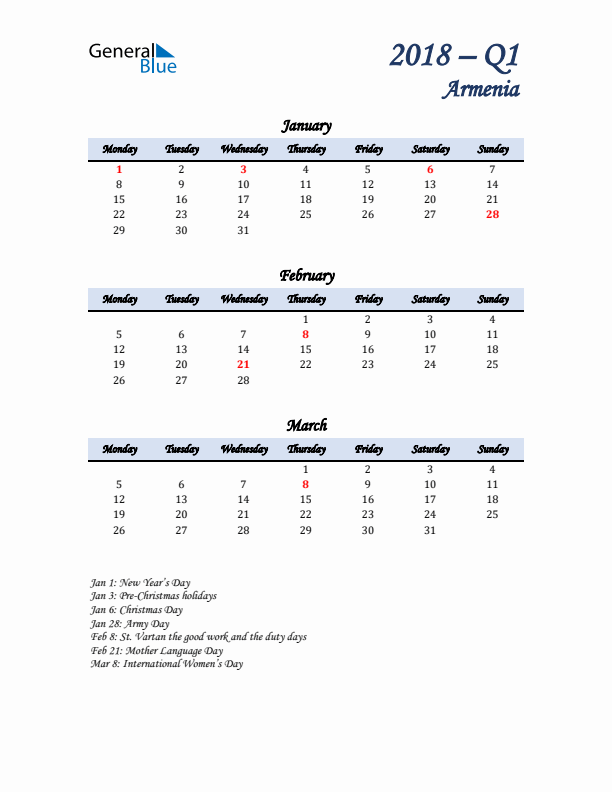 January, February, and March Calendar for Armenia with Monday Start