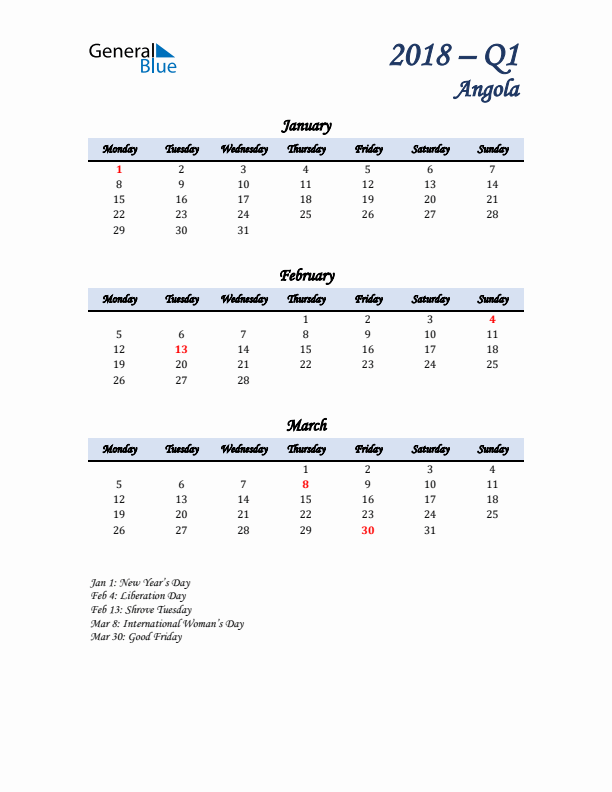 January, February, and March Calendar for Angola with Monday Start