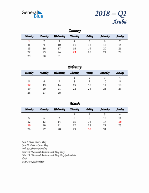 January, February, and March Calendar for Aruba with Monday Start