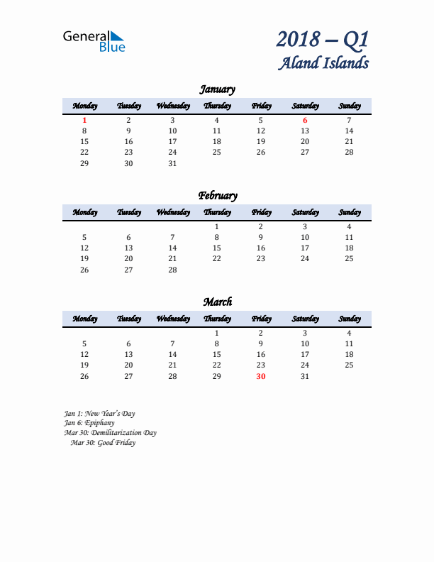 January, February, and March Calendar for Aland Islands with Monday Start