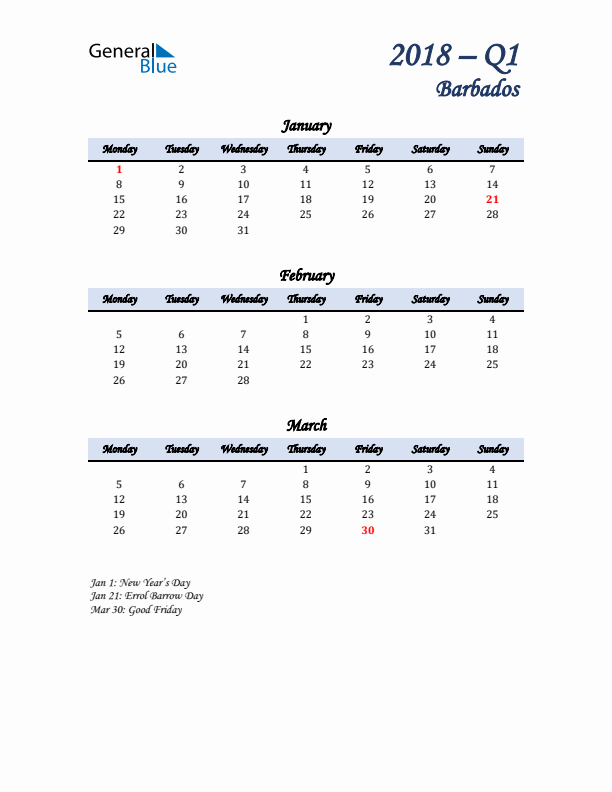 January, February, and March Calendar for Barbados with Monday Start