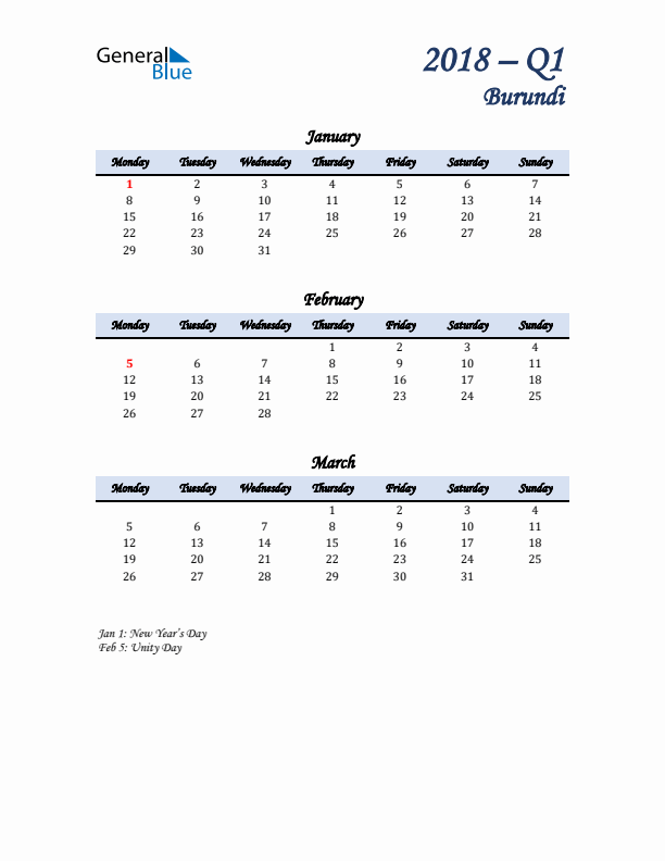 January, February, and March Calendar for Burundi with Monday Start