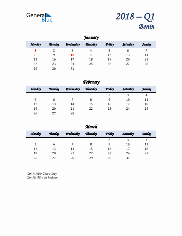 January, February, and March Calendar for Benin with Monday Start