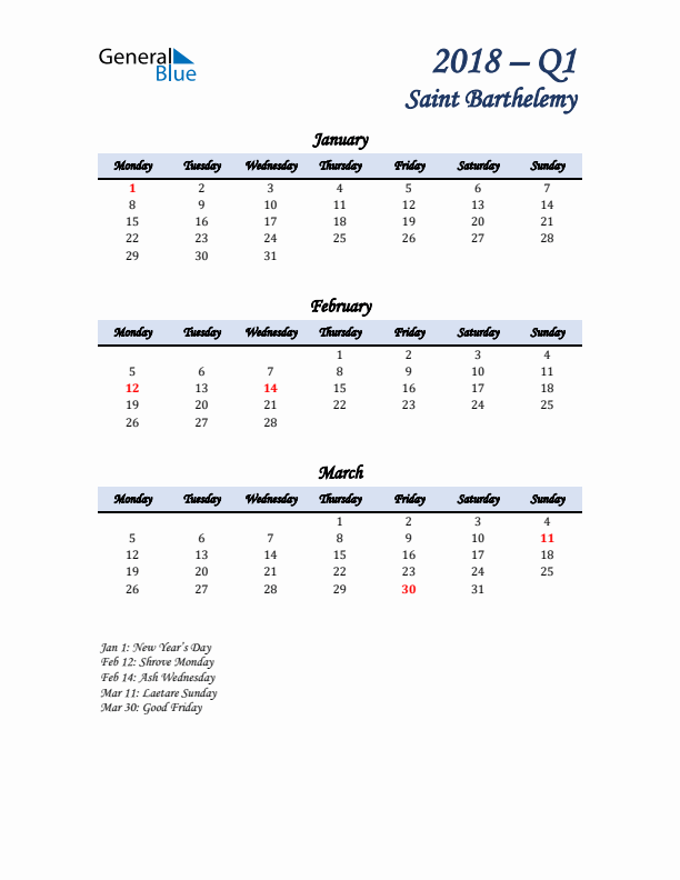 January, February, and March Calendar for Saint Barthelemy with Monday Start