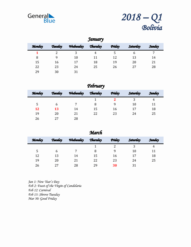 January, February, and March Calendar for Bolivia with Monday Start