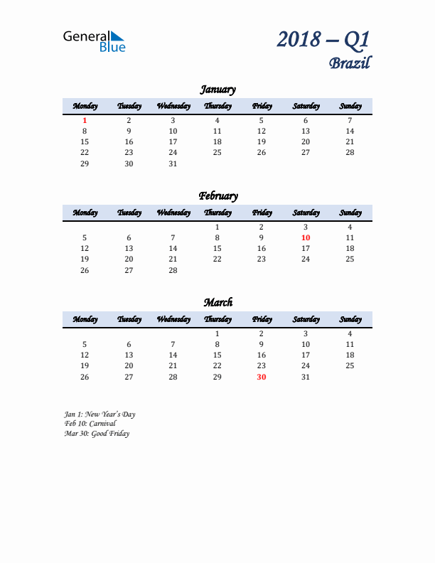 January, February, and March Calendar for Brazil with Monday Start