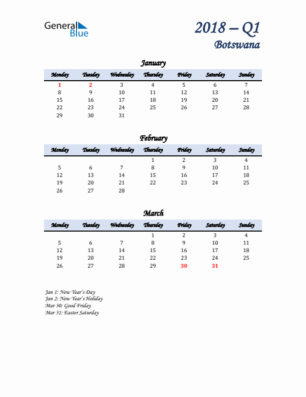 January, February, and March Calendar for Botswana with Monday Start