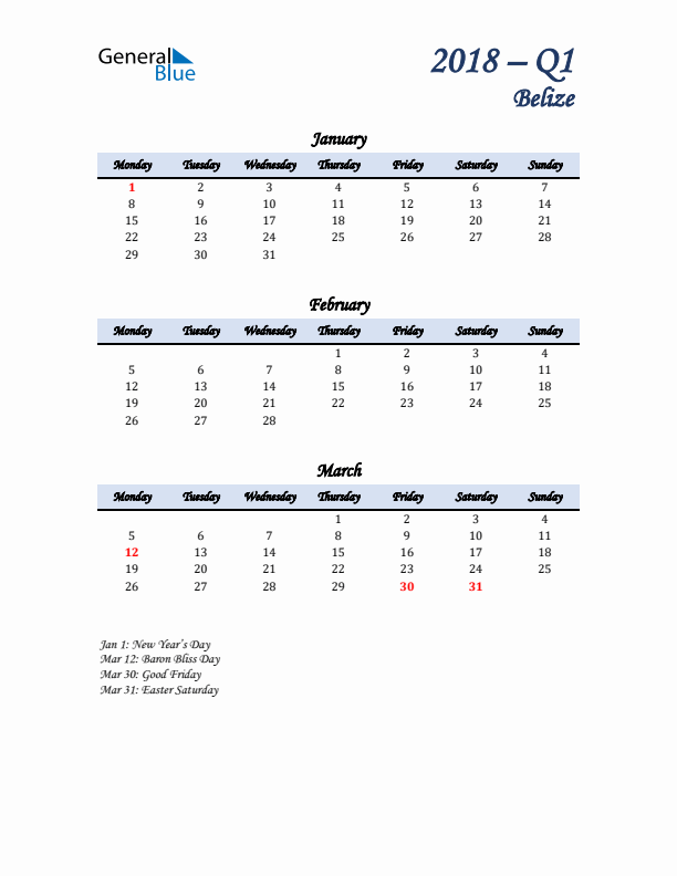 January, February, and March Calendar for Belize with Monday Start