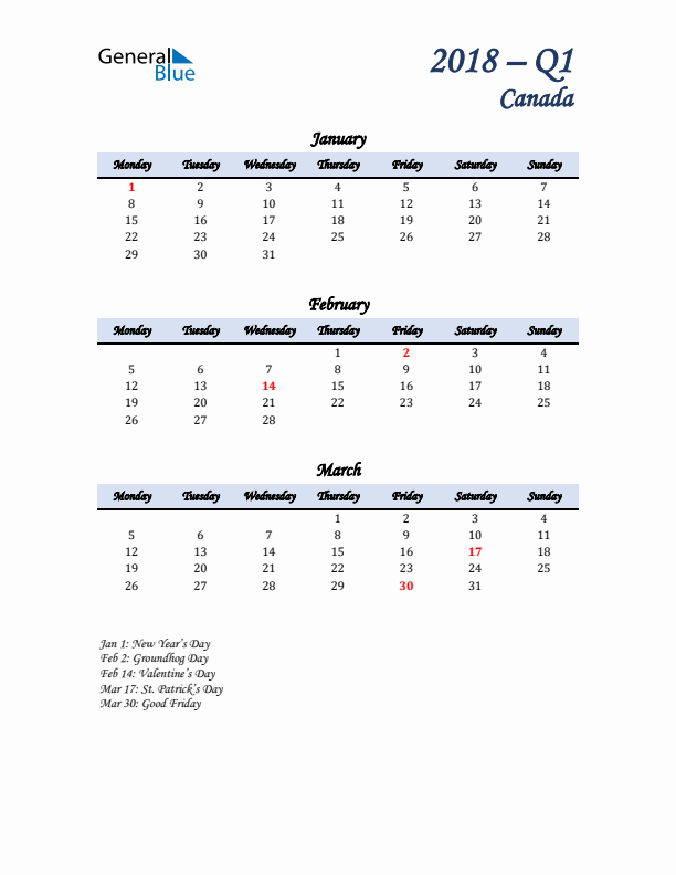 January, February, and March Calendar for Canada with Monday Start