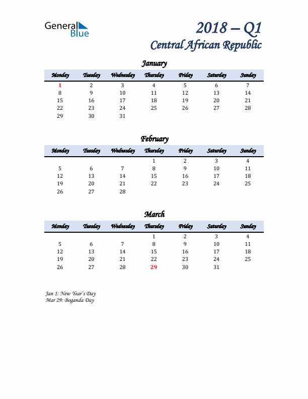 January, February, and March Calendar for Central African Republic with Monday Start