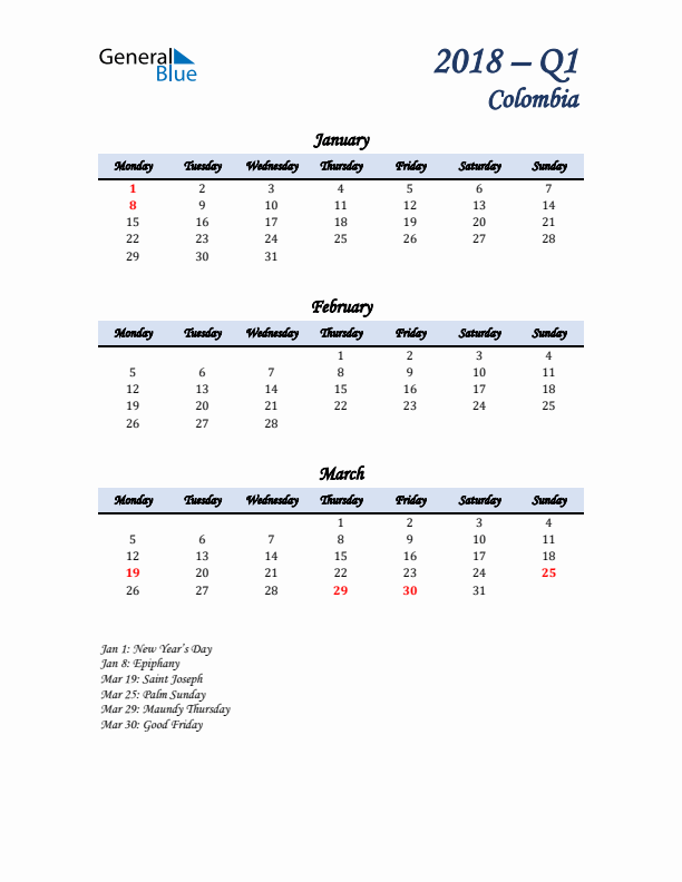 January, February, and March Calendar for Colombia with Monday Start