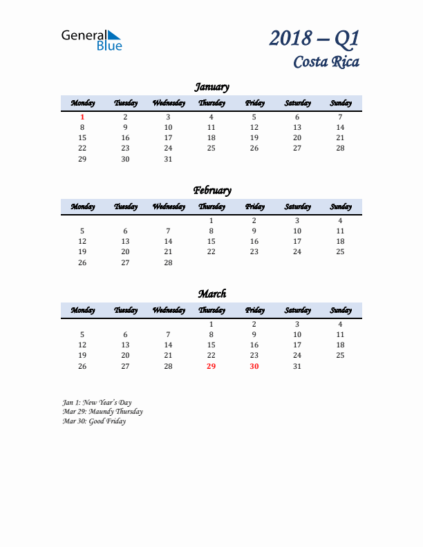 January, February, and March Calendar for Costa Rica with Monday Start