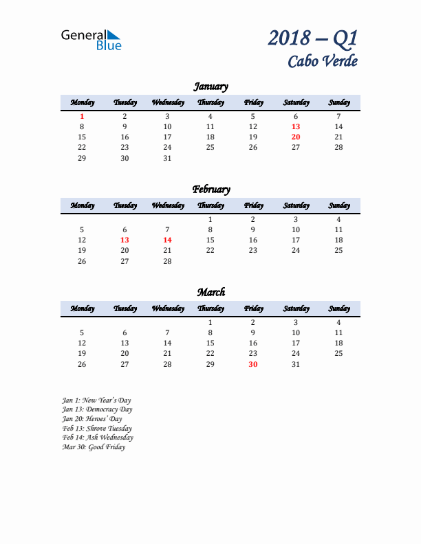 January, February, and March Calendar for Cabo Verde with Monday Start