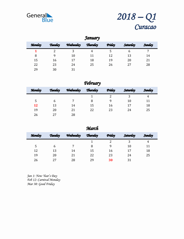 January, February, and March Calendar for Curacao with Monday Start